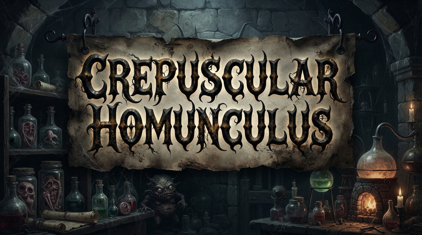 Crepuscular Homunculus: a parchment sign in a dark alchemist’s laboratory, surrounded by strange specimens, bottles and candlelight