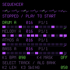 Four-track sequencer showing DRUM, MELODY, ATMOS and BASS patterns with swing